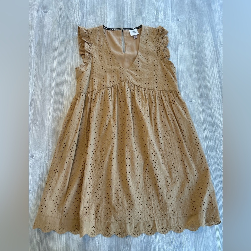 Knox Rose Women's Small, Sleeveless, Babydoll, Dress Mustard Yellow, Eyelet Lace - Picture 4 of 14